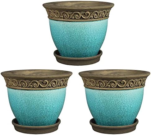 Southern Patio Cadiz 8 Inch Diameter Crackled Glazed Ceramic Indoor Outdoor Garden Planter Pot Urn with Saucer for Flowers, Herbs, and Plants, Teal
