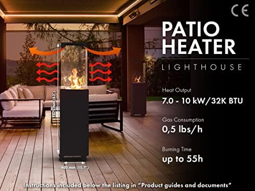 Planika Faro 41, 000 BTU Propane Patio Heater 59" Modern Freestanding Glass Tower with Wheels, Smokeless 360° Flame