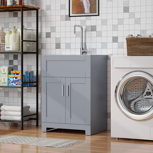 Goodyo Utility Sink with Cabinet 24 Inch Laundry Room Sink Cabinet 304 Stainless Steel Sink Combo White