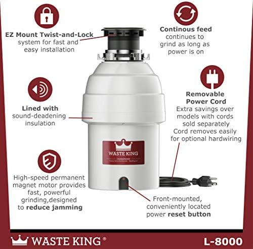 Waste King Legend Series 1 HP Continuous Feed Garbage Disposal with Power Cord - (L-8000) & 1025 EZ Mount Garbage Disposal Stopper and Splash Guard
