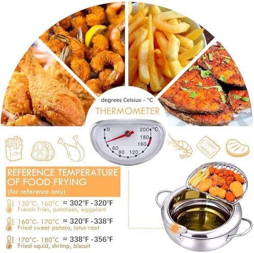 cuomaop Deep Fryer Pot, 304 Stainless Steel Japanese Frying Pot with Oil Drain, Temperature Control and Lid
