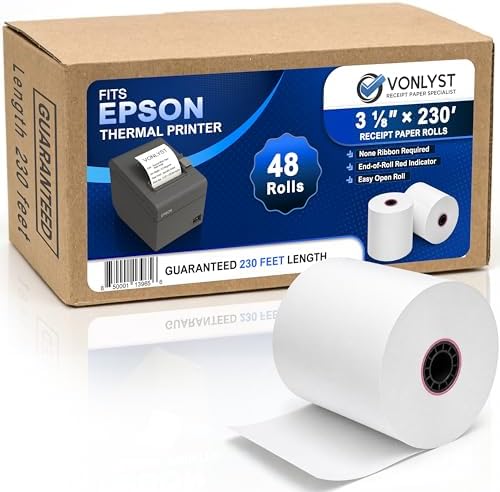 3 1/8 x 230 Thermal POS Rolls for Epson Printers, BPA Free Thermal Printing Compatible with TM-T88 TM-T70 TM-T80 TM-T85 TM-H6000 T90 Series