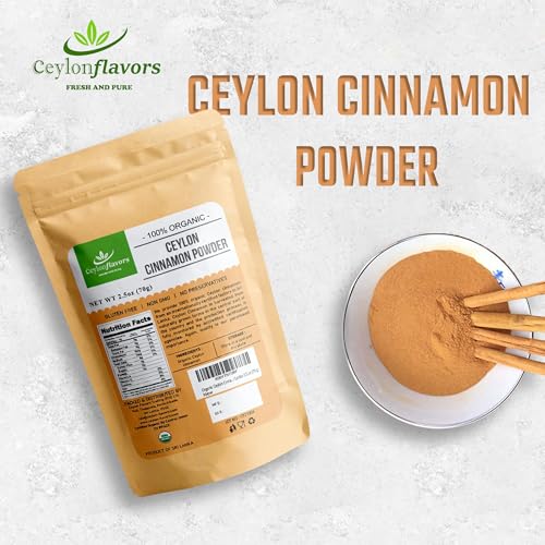 Ceylon Flavors Fresh and Pure USDA Certified Organic Ceylon Cinnamon Powder Premium Grade 2.5oz (70g)