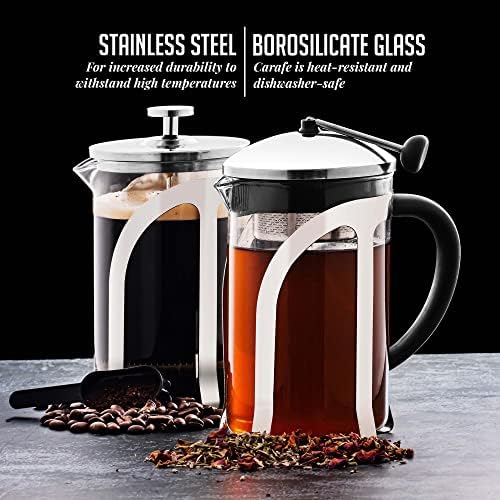 OVENTE French Press Coffee Maker, 34oz BPA-Free Cold Brewer, Clear FGC34T | Heat Resistant Borosilicate Glass, 4-Level Filter System, Stainless Steel Plunger, Cafetera Tea Pot for Kitchen Travel Gifts