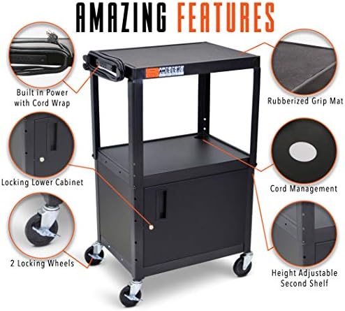 Line Leader AV Cart w/Locking Cabinet, Black Metal Utility Cart with Storage Shelf - Height Adjustable, Mobile and Great for Offices, Classrooms, Libraries (Black, 24in x 18in)