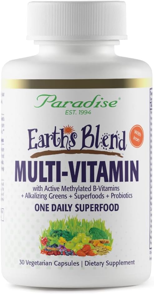 Paradise Herbs & Essentials Once Daily Multivitamin Iron 60 Capsules | Organic superfoods, probiotics, and vitamins A, B12, C, D, K2 in a dietary supplement for immune and bone support.