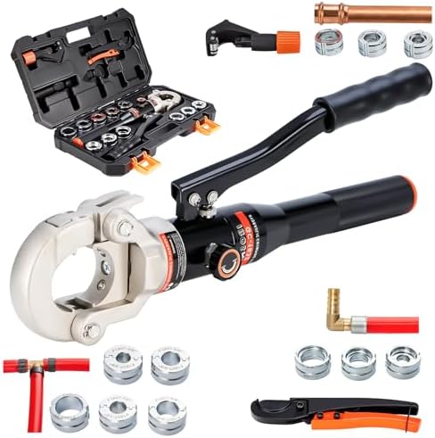 Copper Tube Fittings Hydraulic Pipe Crimping Tool with 1/2",3/4" and 1" Jaw Copper Pipe Press Crimper Pressing Pliers, with Pipe Cutter