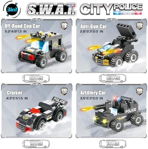 1110 PCS SWAT City Police Set Cop Car Building Set with Helicopter, Boat, Police Station, Mobile Command Center Truck Toys in 25 Different Models