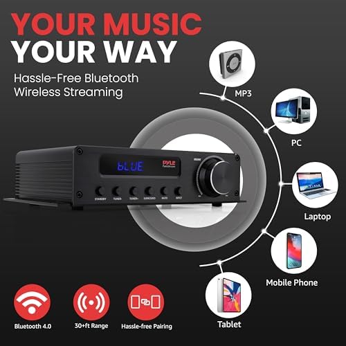 Pyle 100W 5 Channel Audio Amplifier - Wireless Bluetooth Home Theater Power Stereo Receiver with Surround Sound w/HDMI, AUX, FM Antenna