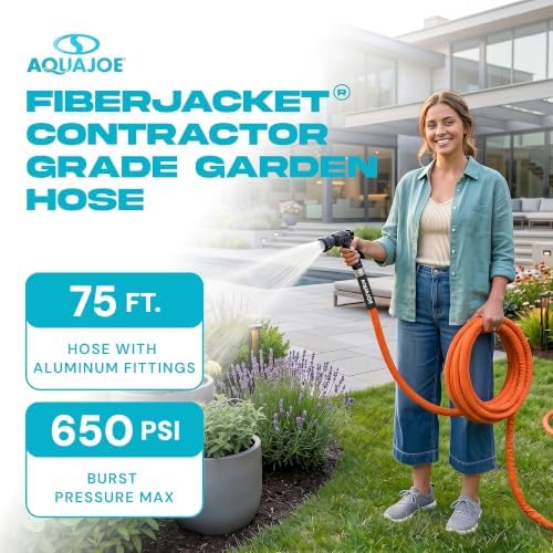 Aqua Joe AJFJH75-34-CTR FIBERJACKET Garden Hose, Non-Expanding and Kink-Resistant, 650 PSI Burst Rating, 75 Feet Long, Orange