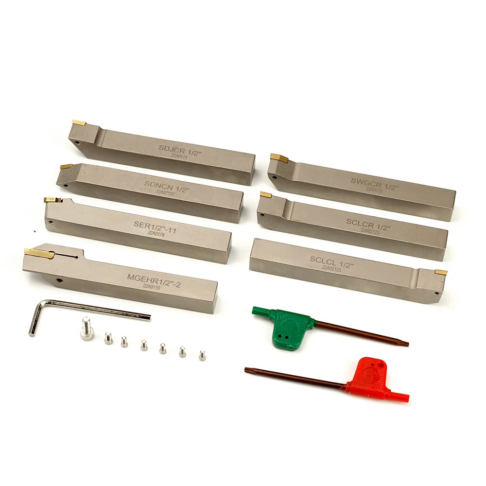 OSCARBIDE 1/2" Shank Nickel Plated 7-Piece Indexable Lathe Tool Holder Set | Turning/Grooving/Threading/Parting | Heavy-Duty CNC Tools | TiN Coated