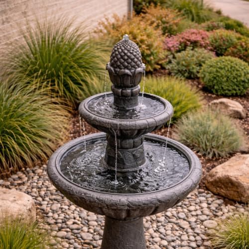 Teamson Home Deluxe Pineapple Pedestal 2 Tiered Floor Waterfall Fountain with Pump for Outdoor Patio Garden Backyard Decking, 39 Inch Height