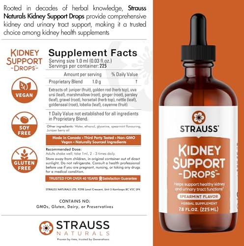Strauss Naturals Kidney Support Supplement, Spearmint, 225 ml | Herbal Cleanse & Detox, Supports Urinary Tract Function, Non-GMO