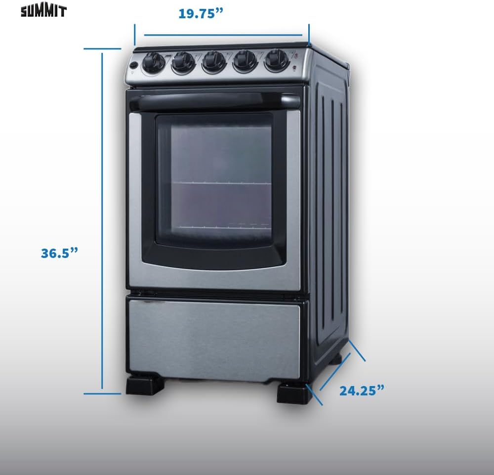 Summit 20” Electric Range, Stainless Steel and Black- REX2071SSRT | 2.3 cu.ft. Capacity Oven, Smooth Glass CookTop, 4 Burner Range, 220VOLT