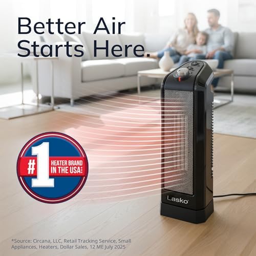Lasko Oscillating Ceramic Tower Space Heater for Home with Overheat Protection, Adjustable Thermostat, and 2 Speeds, 15.7 Inches, Black, 1500W