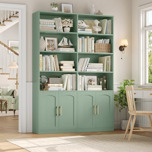 Bookshelf and Bookcase with Doors, Double Wide Large Bookshelves | Industrial Open Display Shelves 6 Tier, 73'' Tall Bookshelf with Storage Cabinets for Office,Home, Living Room, Library,White
