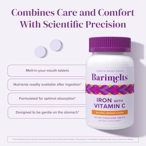 Barimelts Iron with Vitamin C, 90 Fast-Dissolving Tablets (1-Month Supply), Sugar-Free Bariatric Iron Supplement for Women, Natural Orange Flavor​