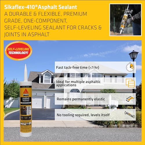 SIKA Sikaflex-410 Asphalt Sealant, Black, Self-Leveling Hybrid Sealant for Filling Cracks in Asphalt Driveways, Roadways