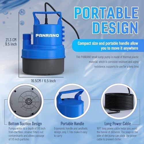 1/3 HP Submersible Water Pump 2000 GPH Portable Small Sump Pump For Pool Cover, Basements, Puddles