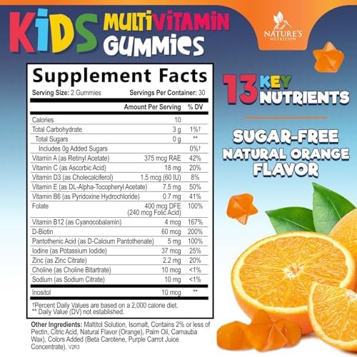 Kids Multivitamin Gummies - Sugar Free - Tasty Orange Flavor Gummy - Daily Immune Support with 100% Vitamin B12 - Essential Vitamins A, C, D3, E, B6