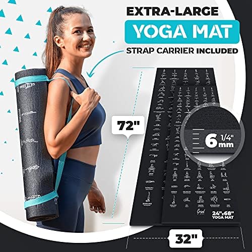 Instructional Yoga Mat with Carrying Strap: Cute Yoga Mat with 75 Illustrated Yoga Poses + 75 Easily-Followed Stretching Exercises - 1/4” Thick