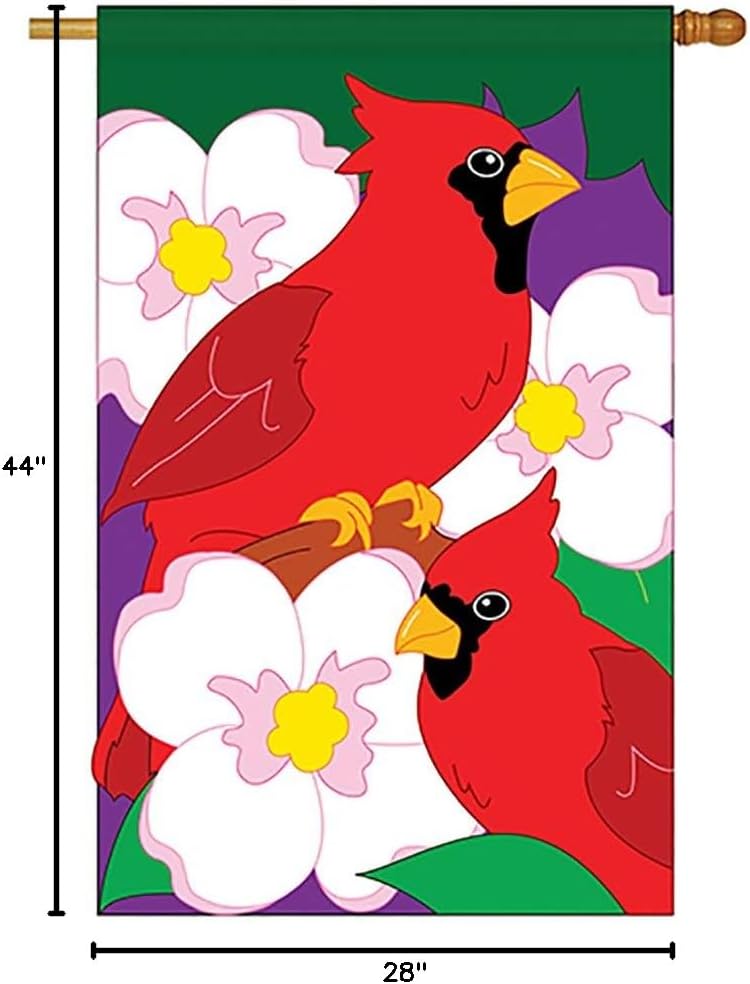 Two Group - Twin Cardinals Garden Friends - Everyday Birds Applique Decorative Vertical House Flag 28" x 44"