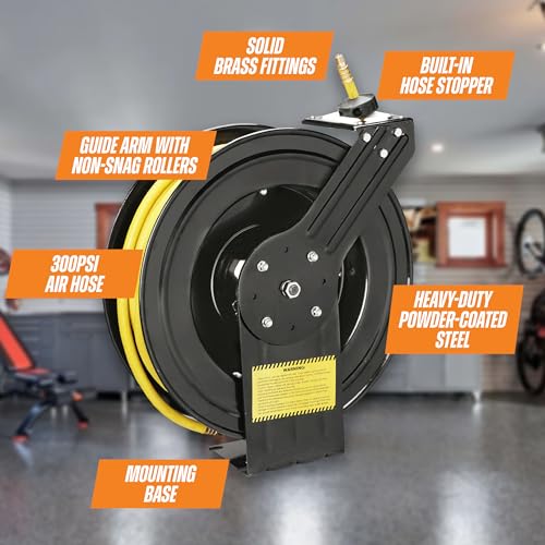 100-FT Retractable Air Hose Reel – 300 PSI Heavy-Duty Air Compressor Hose and Reel, Air Hose Auto-Rewind Design, Wall