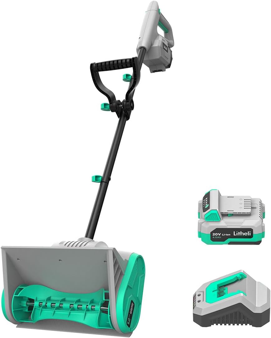 Litheli Cordless Snow Shovel, 20V 12-Inch Battery Powered Snow Thrower, Battery Snow Blower with Auxiliary Handle, with 4.0Ah Li-ion Battery & Charger