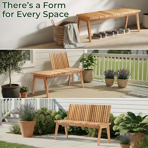 Melino Wooden Bench Outdoor 47" Convertible Acacia Wood Bench, Solid Wood Indoor Patio Benches for Outdoors