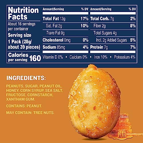 PLANTERS Honey Roasted Peanuts, Plant Based Protein Snacks, 16 Oz (1 Ct) | Roasted Sweet & Salty Nuts. Kosher. Resealable Jar. Snacks for Adults. Party Mix, Party Snacks