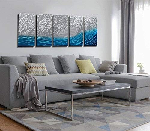 Yihui Arts Handcrafted 3D Metal Wall Art - Ocean Wave Sculpture, 5 - Panel Aluminum Decor for Living Room, Bedroom & Office