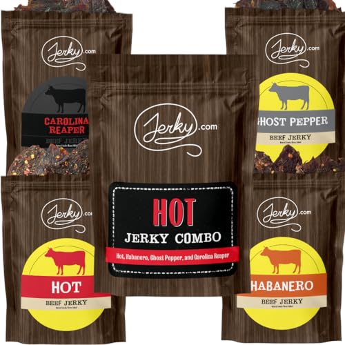 Jerky.com Hot Jerky Combo - Featuring Habanero, Classic Hot, Carolina Reaper, Ghost Pepper - Perfect for Heat Seekers and Flavor Enthusiasts - Beef Jerky Gift for Men (4 Flavors - 2.5 oz. bags)