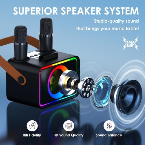 Karaoke Machine for Kids Adults,Portable Bluetooth Speaker with 2 Wireless Microphone with LED Lights, Karaoke Microphone with PA System Supports USB/TF/AUX,Gift for Party (Black)
