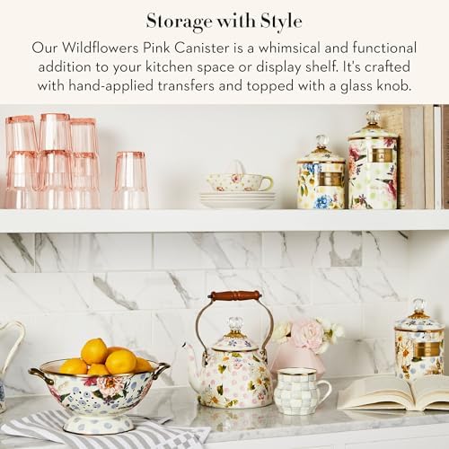 MACKENZIE-CHILDS Enamel Canister, Medium, White Butterfly Garden | Hand-applied design, made from enameled steel, versatile kitchen storage container for flour and sugar, 48-ounce capacity