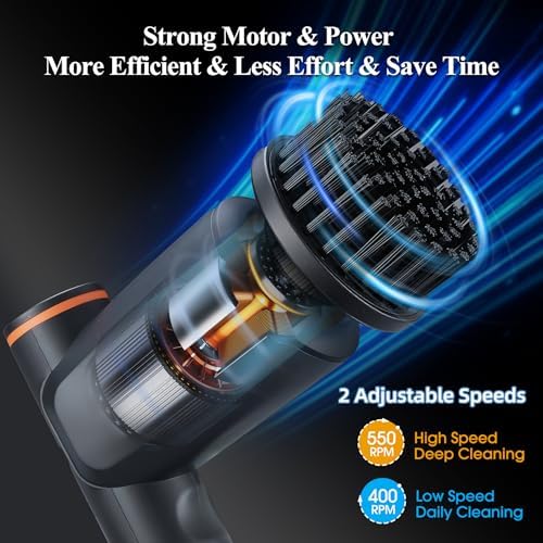 Electric Spin Scrubber, Cordless Shower Scrubber with LCD Display, Upgraded Motor 400/550RPM, 2 Speeds Electric Scrubber with 6 Replaceable Heads