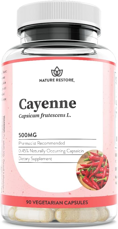 Nature Restore Premium Cayenne Pepper Extract Supplement. Standardized to 0.45% Capsaicin - 70, 000 Scoville Heat Units for Natural Metabolism Support