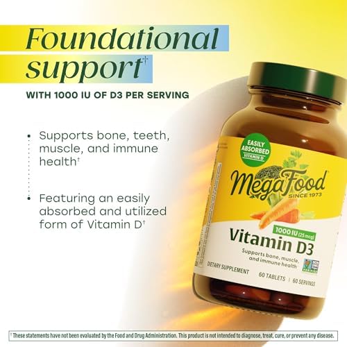 MegaFood Vitamin D3 1000 IU (25 mcg), Bone & Immune Health, 60 Tablets | Vitamin D3 Daily Support for Bone, Teeth, Muscle & Immune Health, Plus Real Food, Non-GMO, Vegetarian, 60 Servings