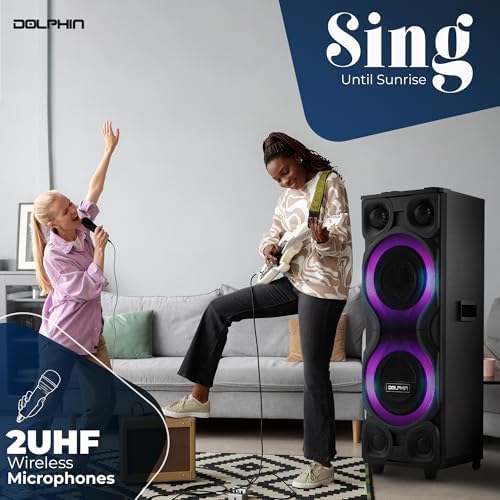 Dolphin Bluetooth Party Speaker with 2 Wireless Mics, Dual 12" Woofers | 120W Output, X-BASS, MDF Wood Cabinet, LED Infinity Lights, USB/TF/FM/AUX