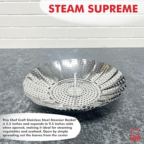 Chef Craft Classic Steamer Basket, 6 inch Diameter 9.5 inch Expanded, Stainless Steel