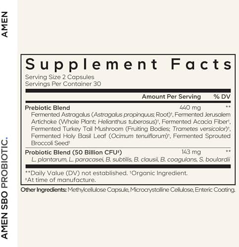 Amen SBO Probiotics Supplement, 50 Billion CFU, Prebiotics, 60 Capsules | Soil-based probiotic 50 billion CFU with prebiotics blend, sprouted broccoli