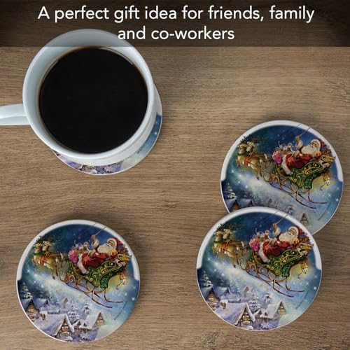 Thirstystone Santa’s Sleigh Natural Sandstone Coaster 4 Pack Eco-Friendly, Absorbent, Easily Wipes Clean | 4" Diameter, Manufactured in the USA