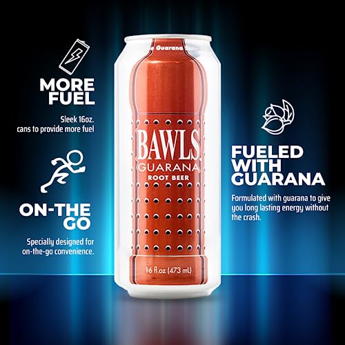BAWLS Guarana Root Beer - Guarana Fueled Soda for Energy, High Caffeinated Drink, 12 Pack 16oz Cans