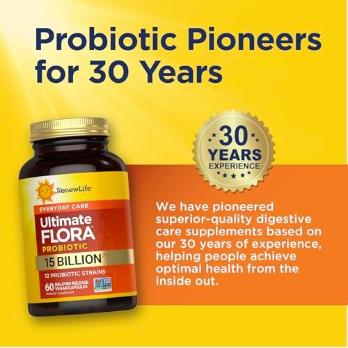 Renew Life Ultimate Flora Probiotic 15 Billion CFU | 30 Delayed Release Vegan Capsules Go Pack | Everyday Care Formula | Dairy, Soy, and Gluten Free Supplement