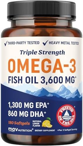 Triple Strength Omega 3 Fish Oil 3600 mg, EPA & DHA, Over 2100mg Omega-3