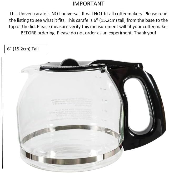 Univen 12 Cup Glass Coffeemaker Carafe Compatible with Mr. Coffee PLD13 CG12 CGX20 DR12 DRX20 GBX20 NC12 NCS12 NCS13 NCX20 TF12 TFS12 TFX20 VB12 VBX20