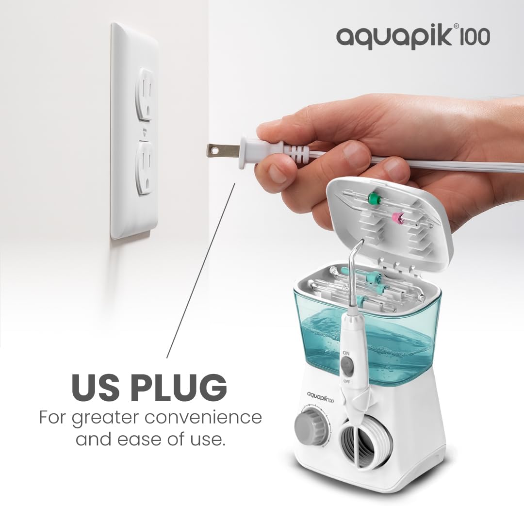 Bostontech Aquapik 100 Countertop Water Flosser for Teeth, 600 ml Corded Oral Irrigator with 10 Pressure Levels, 8 Nozzles Including Nasal Tip