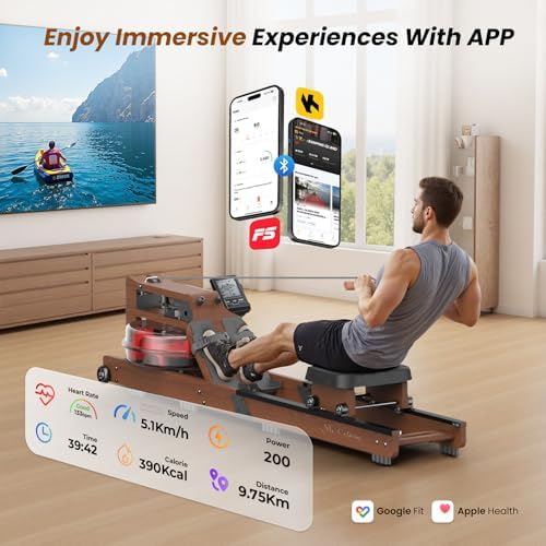 Water Rowing Machine for Home, Rower Machine 400LBS Weight Capacity with Dedicated Monitor & Comfortable Seat, Bluetooth APP