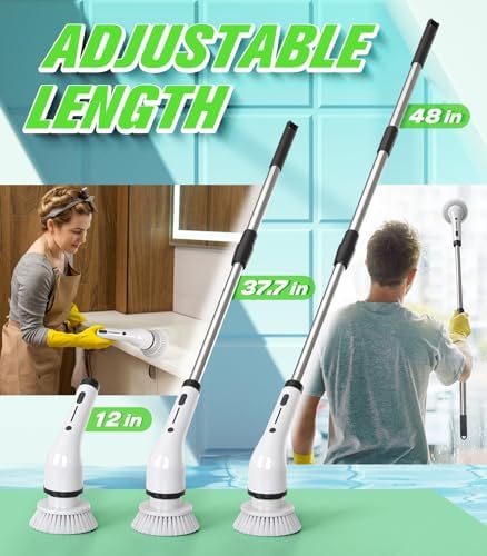 Electric Spin Scrubber, 3-Speed Flat End Brush with 8 Brush Heads & Base, IPX7 Waterproof, Adjustable Long Handle, Digital Display, 2500mAh Fast Charging, for Bathroom, Tub, Tile, Floor