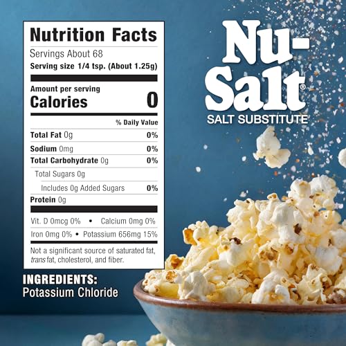 Nu-Salt Sodium-Free Salt Substitute, Contains Potassium Chloride, Table Salt Alternative, Vegan, Good for Chips, Pretzels, French Fries
