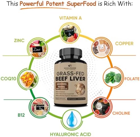 Wholesome Wellness Grass Fed Desiccated Beef Liver Capsules (180 Pills, 750mg Each) - Natural Iron, Vitamin A